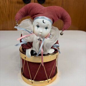 San Francisco Music Box Co Porcelain Jester Doll in Drum Music Box